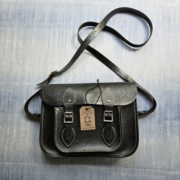 Cambridge Satchel Leather Crossbody Bag Graphite Black Metallic Glitter Sparkle - Picture 1 of 15